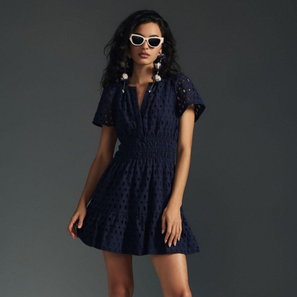 Anthropologie Maeve Navy Blue Eyelet Smocked Waist Mini Dress V-Neck Size S